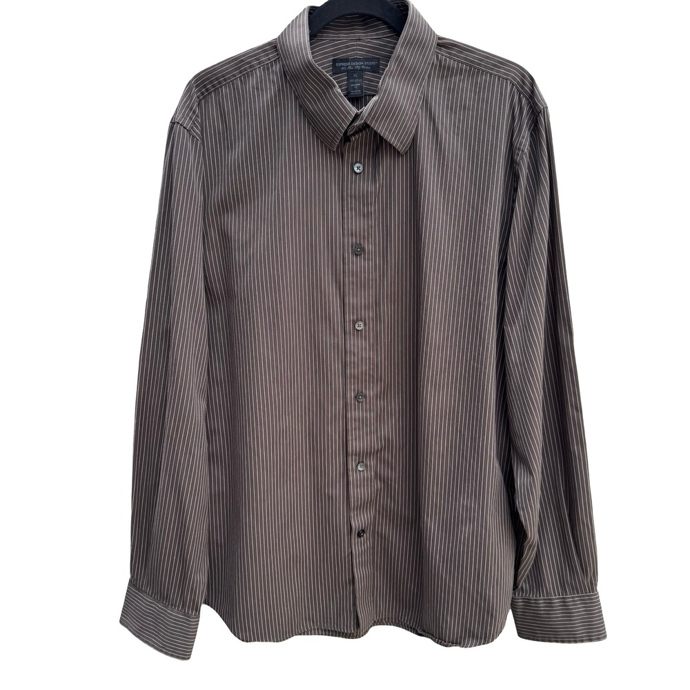 Express Design Studio Pinstripe 80s 2 Ply‎ Cotton Modern Fit Shirt Brown Mens XL